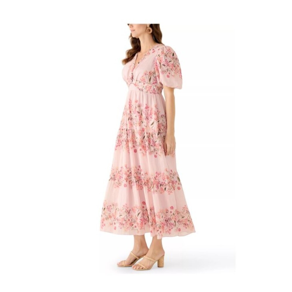 Taylor Pink Floral Puff Sleeve Dress Womens Size 14 V Neck Pockets Lined NWT - Picture 2 of 15